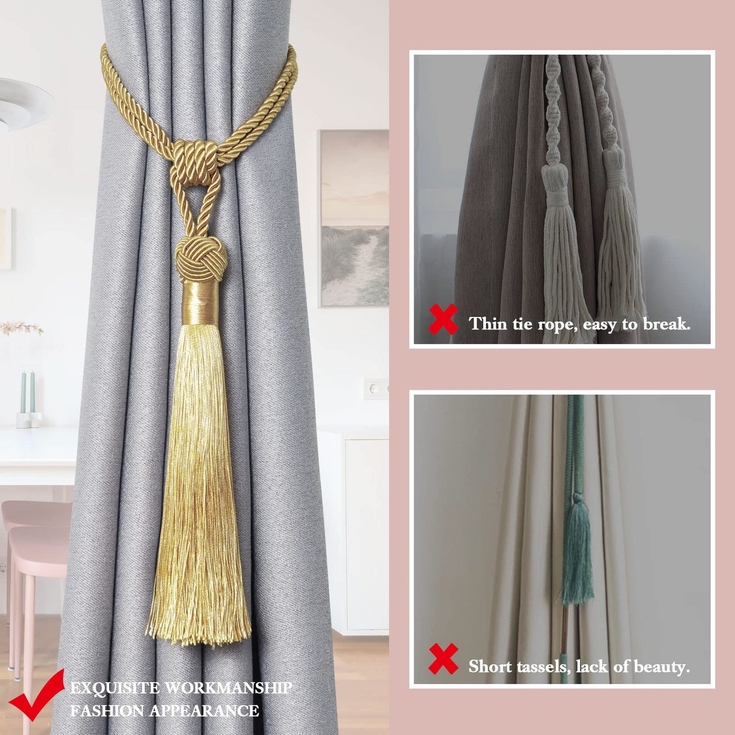 NICEEC 4 Pack Long Tassel Curtain Tiebacks Handmade Braided Rope Knot Drape Tie Backs European Style Decorative Curtain Holdbacks for Home & Office Window Drapery (Gold)