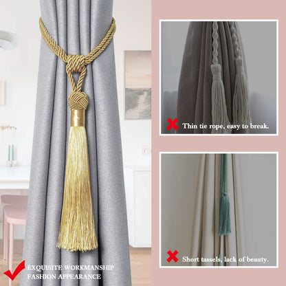 NICEEC 4 Pack Long Tassel Curtain Tiebacks Handmade Braided Rope Knot Drape Tie Backs European Style Decorative Curtain Holdbacks for Home & Office Window Drapery (Gold)