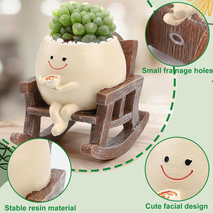 KIUGCO Smily Face Planter Pots for Indoor Plants, Cute Resin Flower Head Planters, Rocking Chair Succulent Flower Pots with Drainage Hole, Gift IdeaI for Birthday
