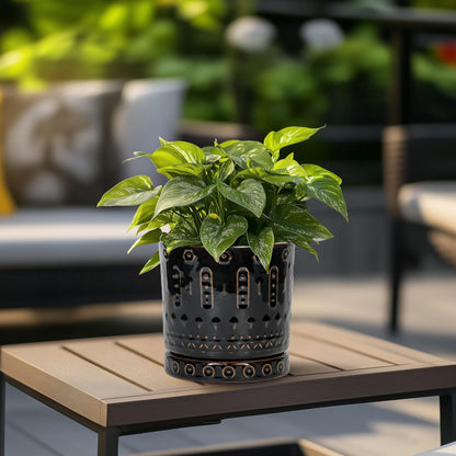 Eightpot Ceramic Plant Pots - 6 Inch Ceramic Planter for Indoor Outdoor, Round Flower Pots with Drainage Hole and Plant Saucer, Boho Decorative Small Planter, House Decor, Gifts for Gardeners, Black