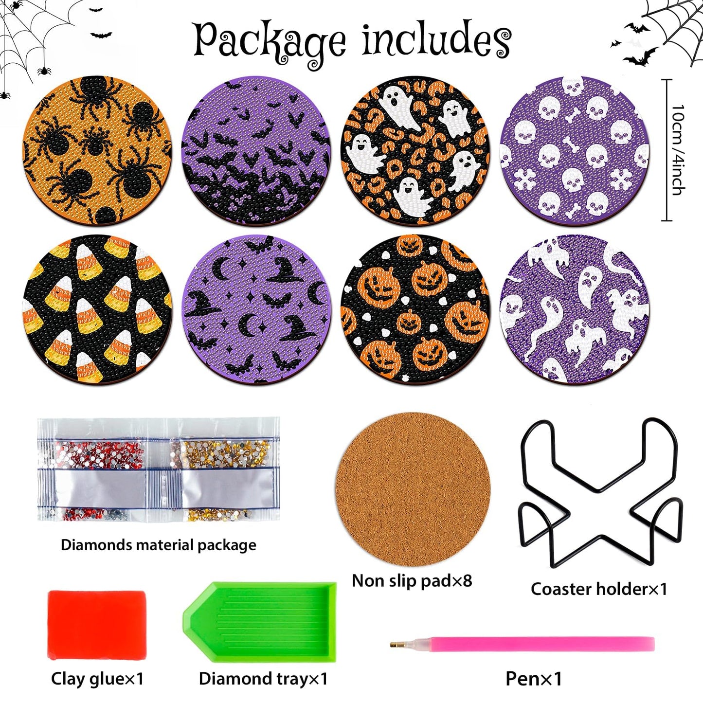 8 PCS Halloween Coasters with Holder - DIY Diamond Art Kit for Beginners, Adults, Kids (Halloween-2)