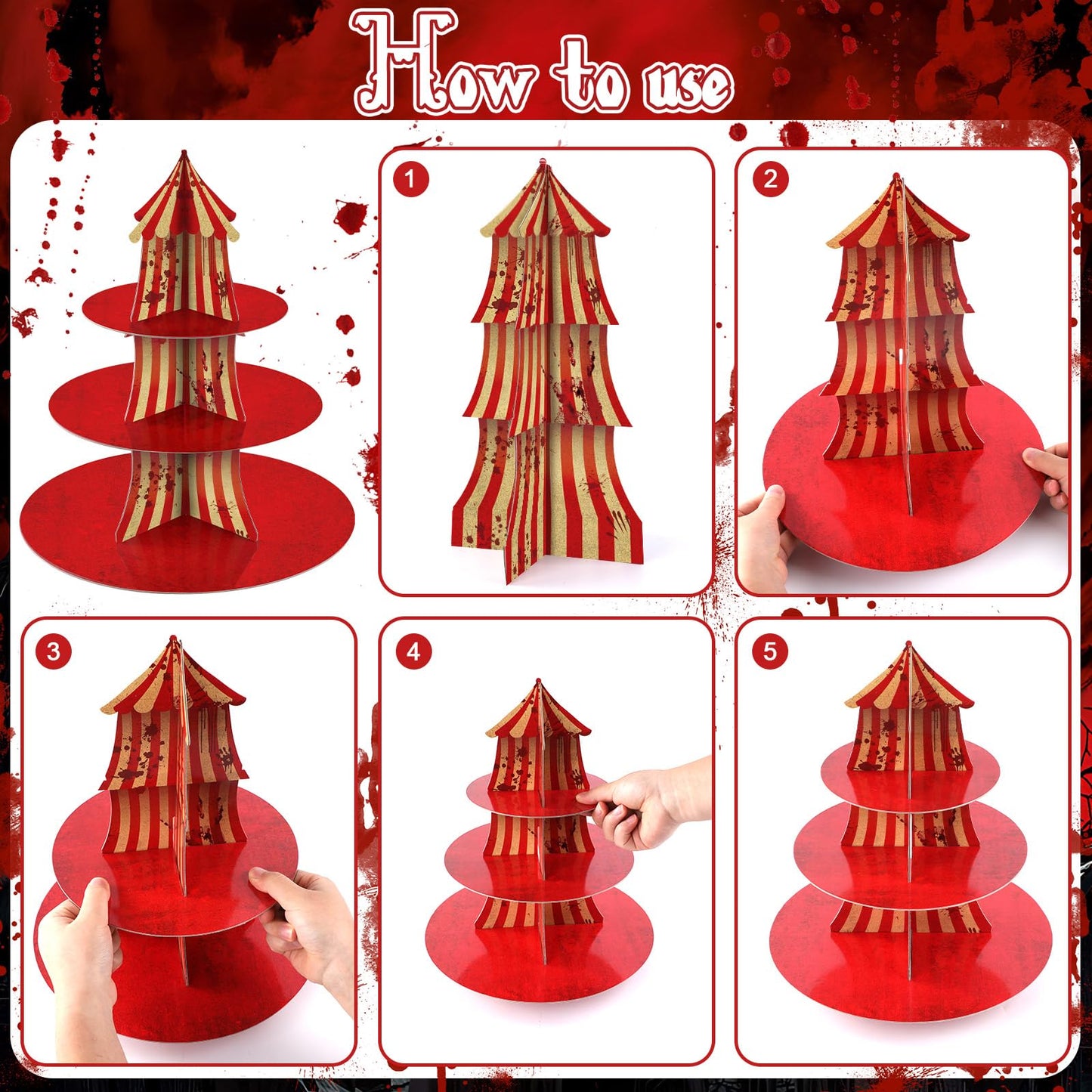 2Pcs 3-Tier Halloween Carnival Decoration Halloween Creepy Circus Cupcake Stand Evil Scary Circus Dessert Tower Stand Carnival Bloody Striped Cake Holder for Horror Movie Dinner Nights Party Supplies