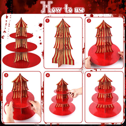 2Pcs 3-Tier Halloween Carnival Decoration Halloween Creepy Circus Cupcake Stand Evil Scary Circus Dessert Tower Stand Carnival Bloody Striped Cake Holder for Horror Movie Dinner Nights Party Supplies