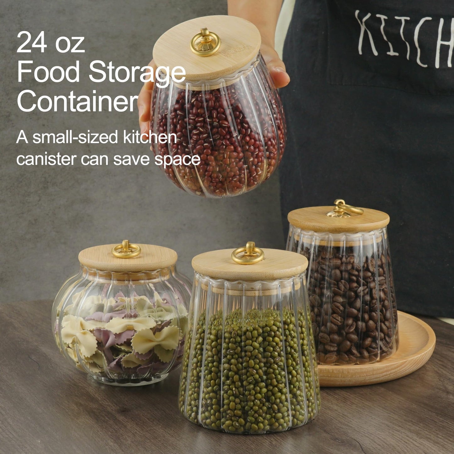 LUATSDAR Clear Glass Jar Coffee Canister, Cookie Candy Jar Sugar Container with Airtight Bamboo Lid, 23 FL OZ Kitchen Food Storage Container for Pantry, Flour, Pasta, Cereal, Beans, Spice, Oval
