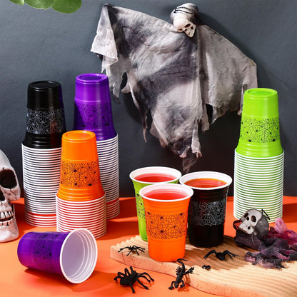Pickmesh 120 Pcs Halloween Plastic Cups 16 oz Disposable Coffee Cup Spider Web Decoration Hot Cold Drink Wine for Halloween Party Favors Supplies