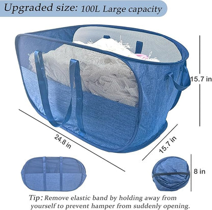Extra Large Mesh Pop Up Laundry Hamper, 100L Collapsible Laundry Basket, Dirty Clothes Hamper with Reinforced Handles, Storage Bins for Shelves, Dorm or Home Portable Stair Laundry Basket. Blue