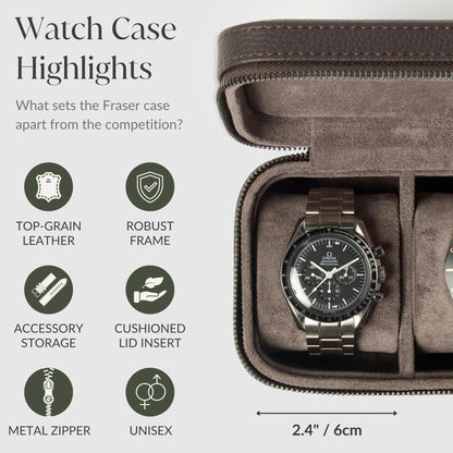 TAWBURY Watch Case - 3 Slot Genuine Top-Grain Leather Watch Travel Case for Men & Women with Metal Zipper and Extra Wide Pillows for Large Watches (Brown)