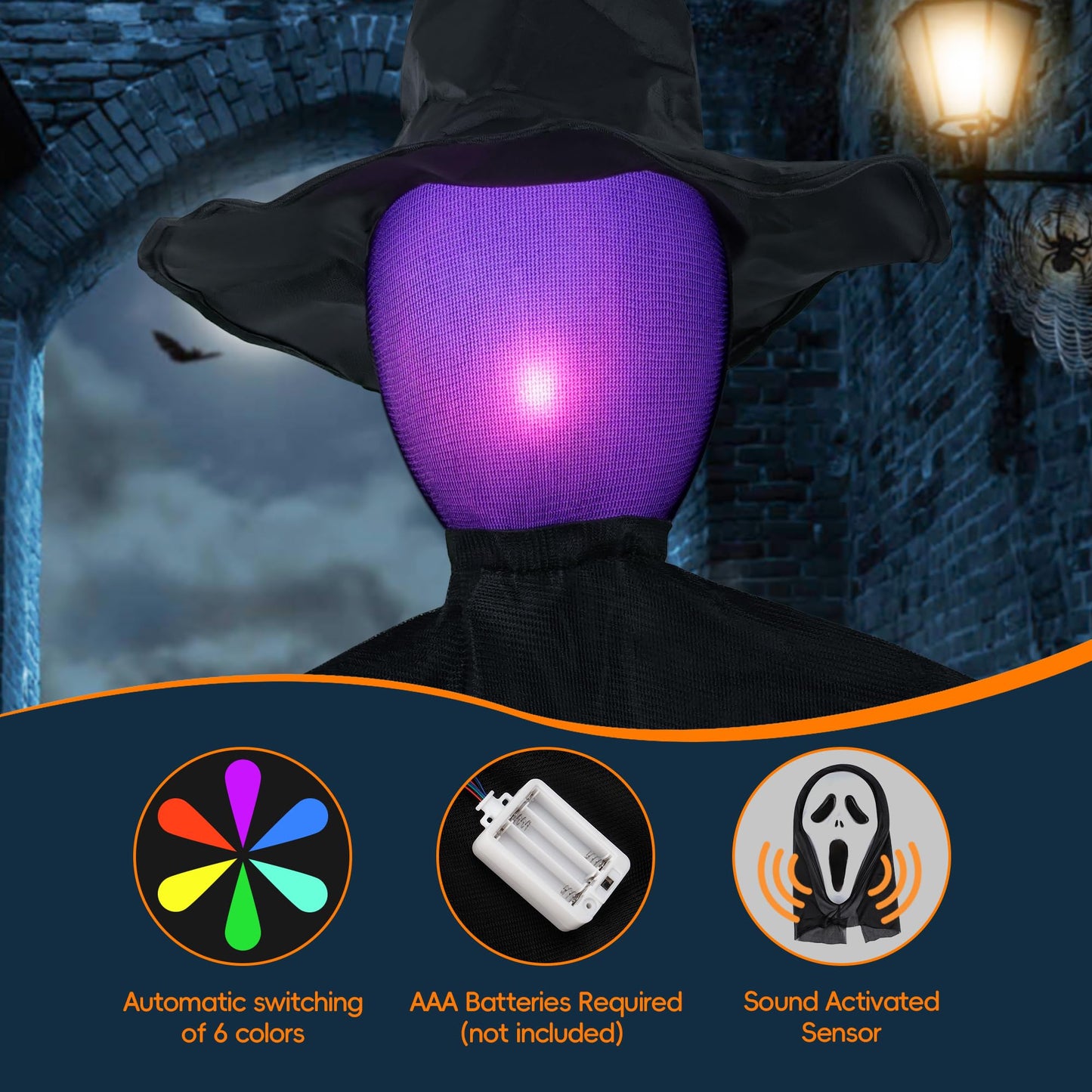 DJROLL 6 FT Halloween Decorations Outdoor Witches, 3 Pack Holding Hands Witches with Flickering Head and Scary Screams, Life Size Witch Décor for Yard Lawn Garden