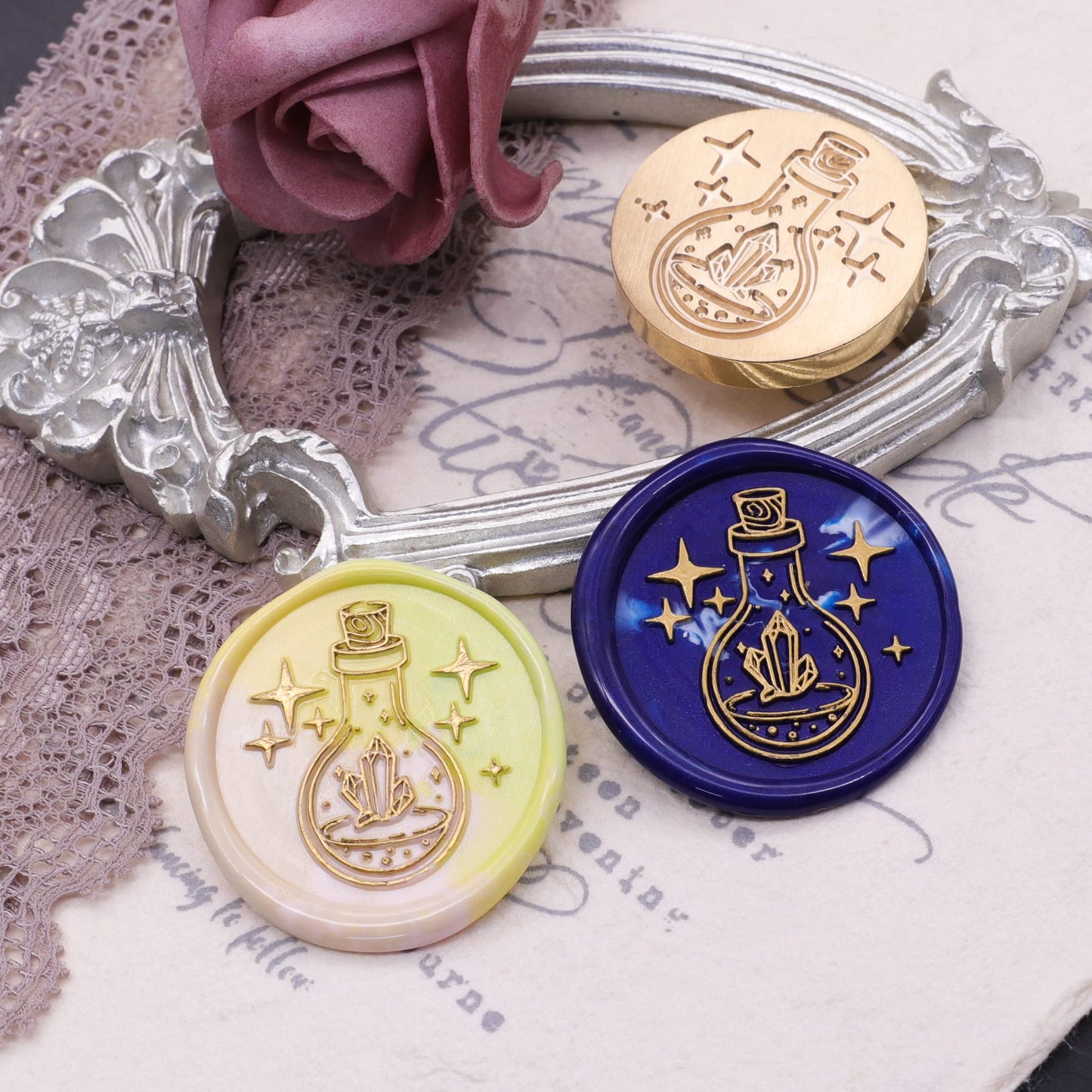 SWANGSA Wax Seal Stamp Set, Vintage 4 Pieces Magic Bottle, Moon Flower Plant Sealing Wax Stamp Heads + 1 Wooden Handle Sealing Stamp Kit