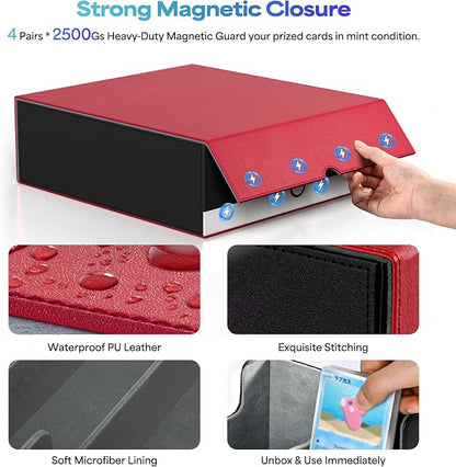 UAONO Trading Card Storage Box, Holds 2400 Sleeved Cards with 24 Dividers & 4 Stoppers, Magnetic Closure PU Leather Card Case for MTG, PTCG, YGO, Sports Cards (Red&White)