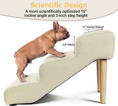 3-Step 15.7" H Dog Stairs for Bed Couch, Waterproof & Scratch PU Leather Pet Steps for Small Dogs and Cats, Dog Ramp with 220 lbs Maximum, Oak Leg & Solid Wood, Non-Slip Feet,Cream