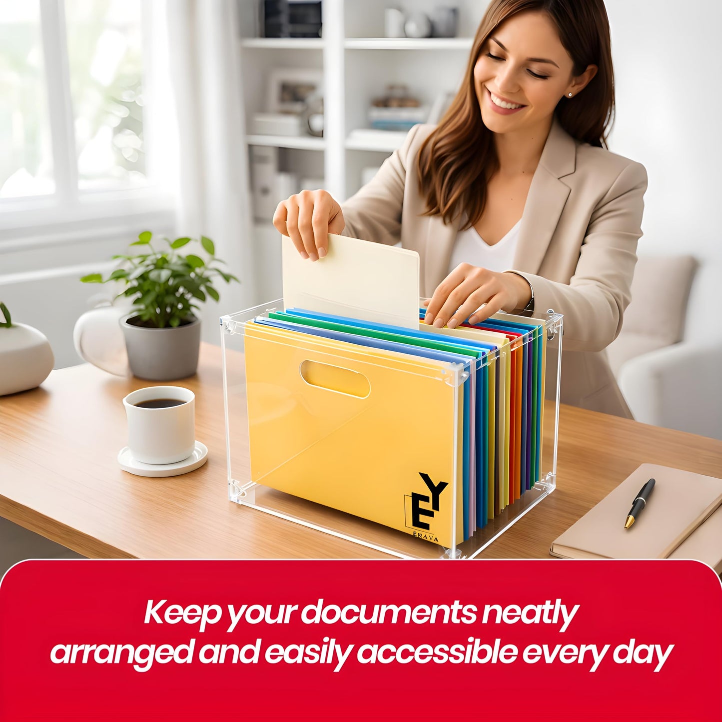 ERAYA Clear Acrylic File Organizer with Handles, Portable Hanging File Box for Letter/A4 Documents 8.5"x11", Sleek Desktop Storage for Office, Home, Study, Magazines, Notebooks, and School Supplies