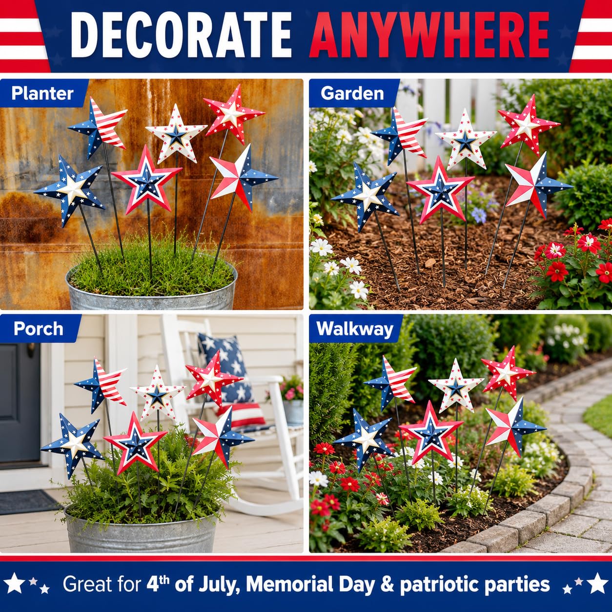 WKHOMEDECO 4th of July Decorations Outdoor 19" Metal Barn Star 6-Pack, Patriotic Outdoor Decorations, Rustic Iron Decorative Garden Stakes with American Flag Stars for Yard Patio Lawn