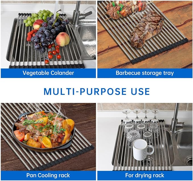 Expandable Roll Up Dish Drying Rack Over The Sink Rack, Foldable Dish Drainer Rack Stainless Steel for Large Sink, Silicone Rollable Collapsible Rack 18 Tube for Kitchen(Sliver,12.8'' to 21.25”)