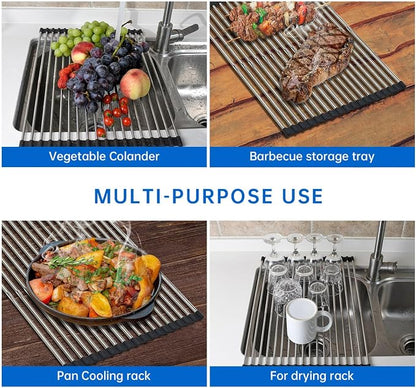 Expandable Roll Up Dish Drying Rack Over The Sink Rack, Foldable Dish Drainer Rack Stainless Steel for Large Sink, Silicone Rollable Collapsible Rack 18 Tube for Kitchen(Sliver,12.8'' to 21.25”)