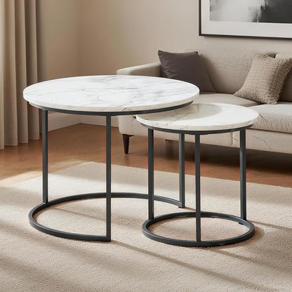Round Nesting Coffee Table Set of 2, Modern Marble Pattern Wooden Nesting Tables, Stacking Minimalist End Table for Living Room Bedroom Small Space, White and Black
