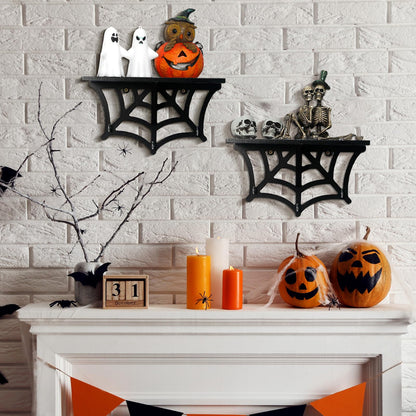 2 Pcs Halloween Spider Web Shelf Goth Room Decor Wood Spooky Gothic Wall Floating Shelves with Hooks Black Hanging Gothic Decor for Halloween Bedroom Home Kitchen Party Oddities Curiosities Display