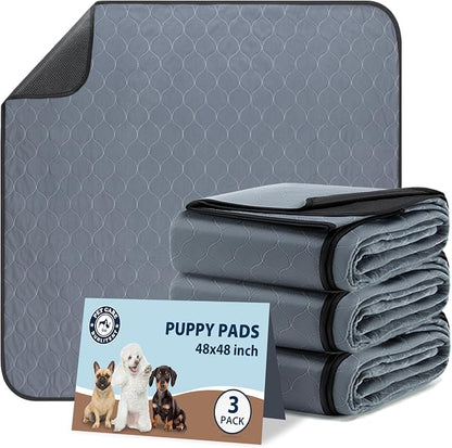 Washable Pee Pads for Dogs, 48x48 Reusable Puppy Pads with Fast Absorbent, Waterproof Reusable Pee Pads for Whelping, Traing, Incontinence and Potty, 3 Pack, Grey.
