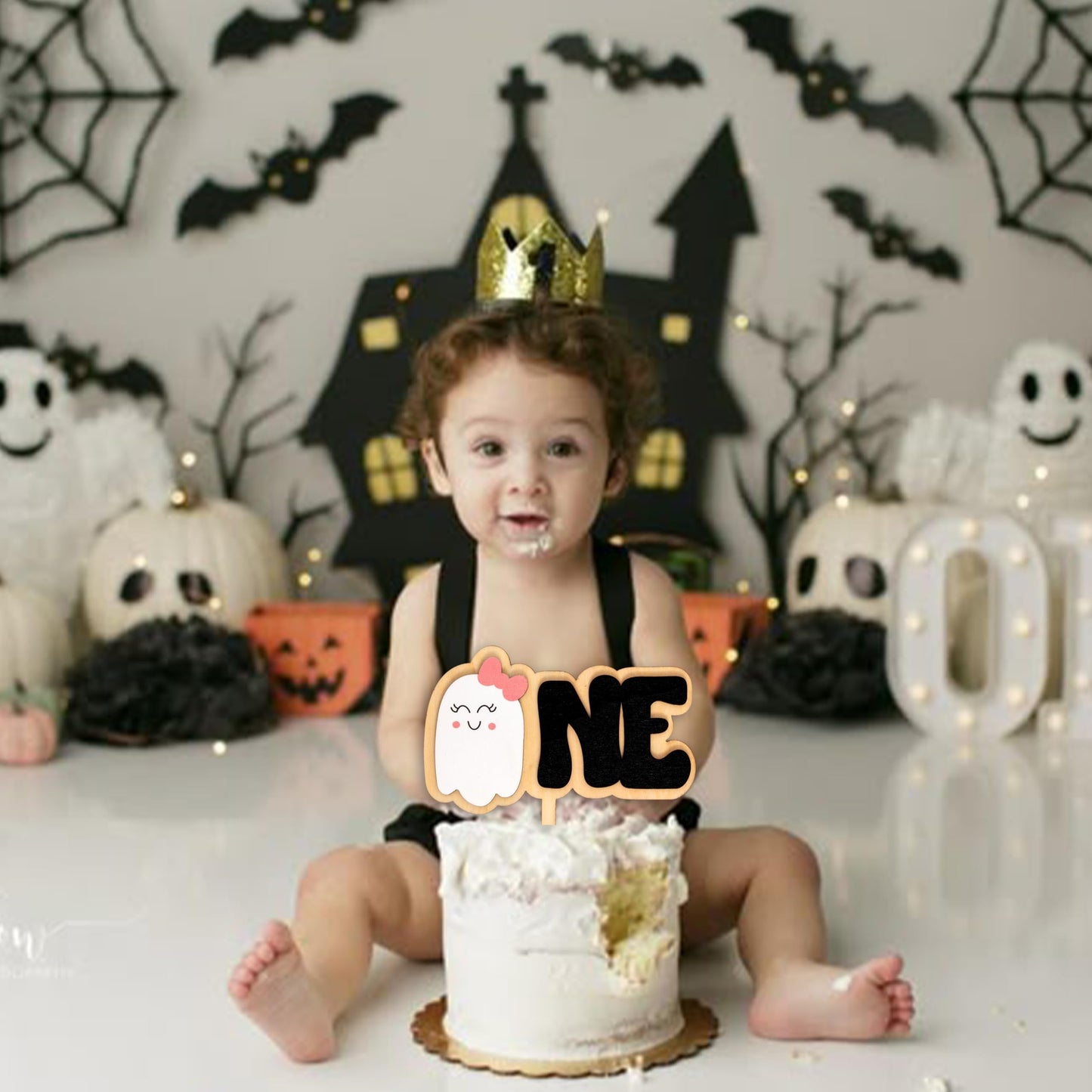 MUWEOL Spooky One Cake Topper - Halloween First Birthday Party Decoration,Little Cute Ghost With Pink Bow Wooden Cake Topper (spooky topper)
