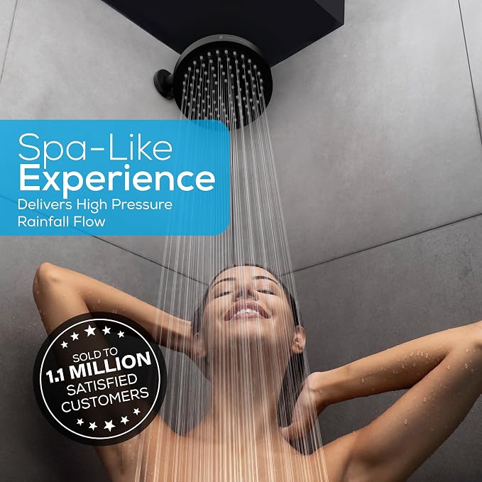 SparkPod Rain Shower Head, 6 Inch Round | High Pressure Shower Heads, 90 Nozzle (Touch-to-Clean), Adjustable Showerhead, No-tool Universal Connection