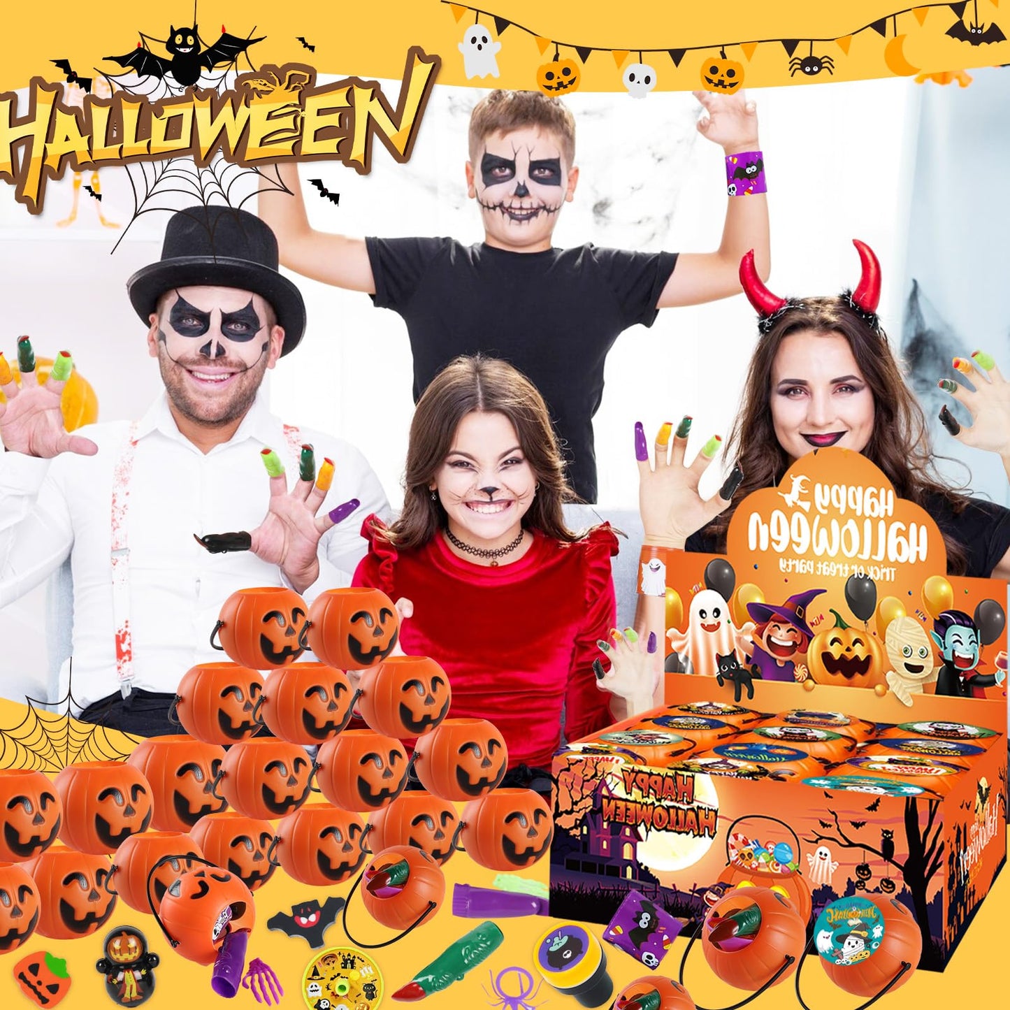 KPHNGB 240PCS Bulk Halloween Party Favors - 24 Pack Pre-filled Mini Pumpkin Buckets Set, Non-Candy Treats Toys & Goodie Bags Stuffers for Trick or Treat, Kids' Prizes