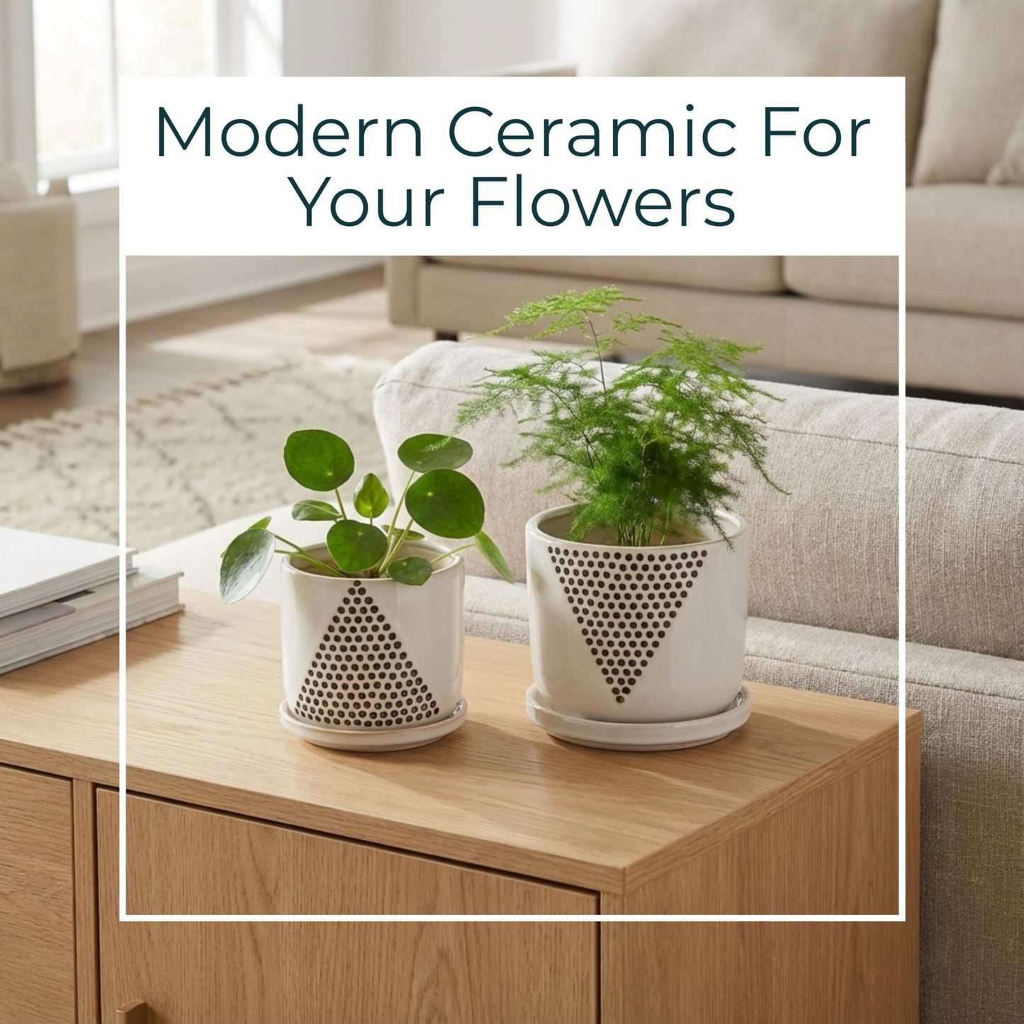 Set of 2 Geometric Decorative Ceramic Planter Pots with Saucer – Stoneware Outdoor Decor, Indoor Plant Pots with Drainage – Triangle Dot Design, Home Decor Ceramic Planters – 7" & 5", White