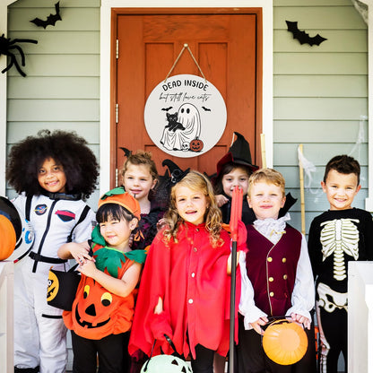 Fall Halloween Decorations For Home - Dead Inside But Still Love Cat, Home Outside Inside Decor Wood Sign, Cat Lover Gifts Halloween Party Wall Door Wreath/01