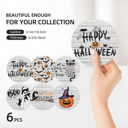 Coaster for Coffee Table Halloween Absorbent Coasters Set - Spooky, Decorative Drink Coasters for Home, Office, and Parties - 6-Pack with Holder Wooden Background