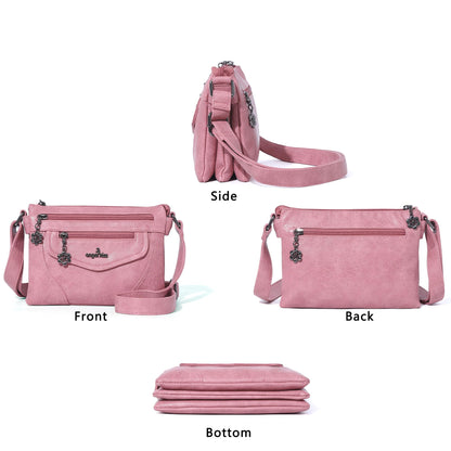 Angel Kiss Small Crossbody Bags for Women, Multi-Pocket Washed Vegan Leather Purses, Lightweight Travel Shoulder Bag with Adjustable Strap for Everyday