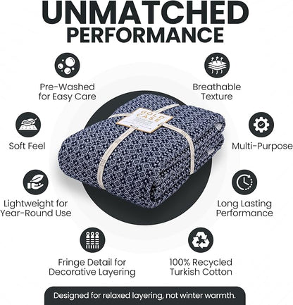 Gold Case Throw Blanket for Bed - 100% Recycled Turkish Cotton Blanket - Retro Lightweight Soft Throw Blankets for Bed & Living Room - Queen Size Cozy Blankets - 90x90 - Navy Blue