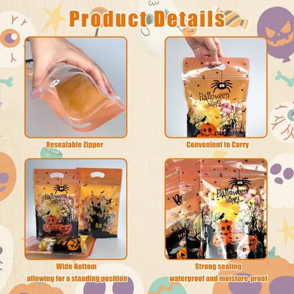 Halloween Ziplock Treat Bags 50 Pcs Goodie Plastic Bags with Zipper & Handles，Resealable Candy Bag for Trick or Treat, Party Favors, Classroom Halloween Supplies