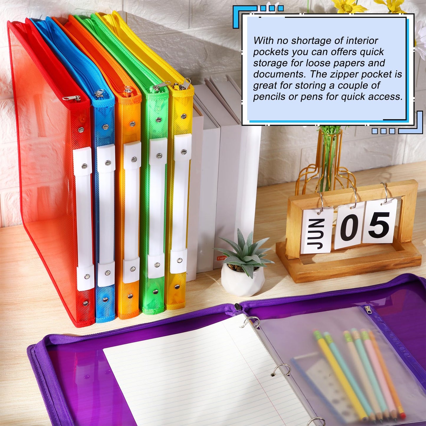 Fulmoon 6 Pack 1 Inch Zipper Binder, 3 Ring Binder with 2 Interior Pockets, Plastic Pencil Pouch, Expanding File Zippered Holds 8.5''x11'' for Projects, Assignments, Memos, School Work (Colorful)