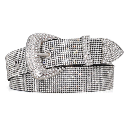 WHIPPY Rhinestones Leather Belts for Women Disco Bling Studded Belt for Jeans Pants Western Cowgirl Shiny Waist Belt, Silver, M