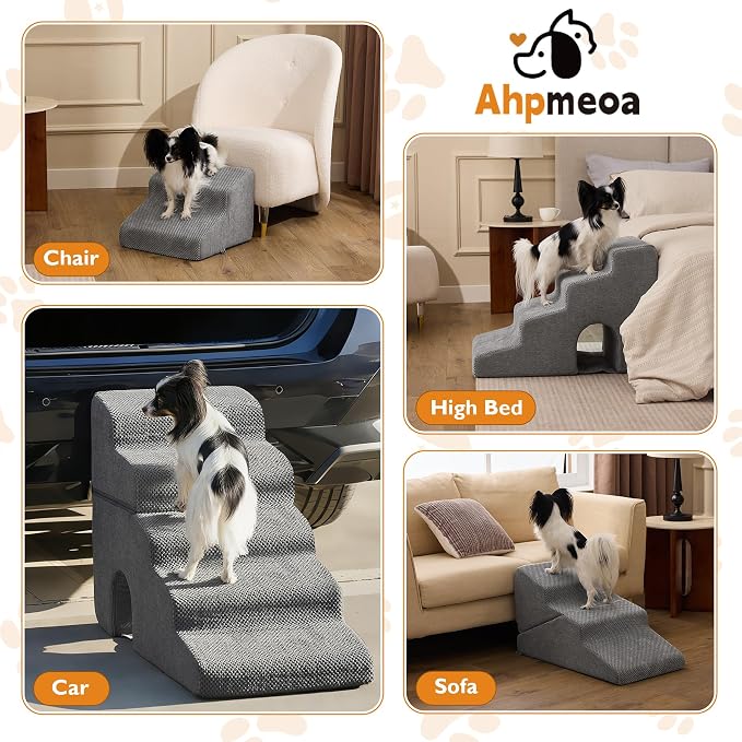 Dog Stairs for Small Dogs 16’’ H, 3-Step Dog Steps for Bed, Foldable Pet Stairs and Ramp for Dogs and Cats to Get on Beds, Couch, Non-Slip Balanced Pet Steps with Waterproof Cover, Grey