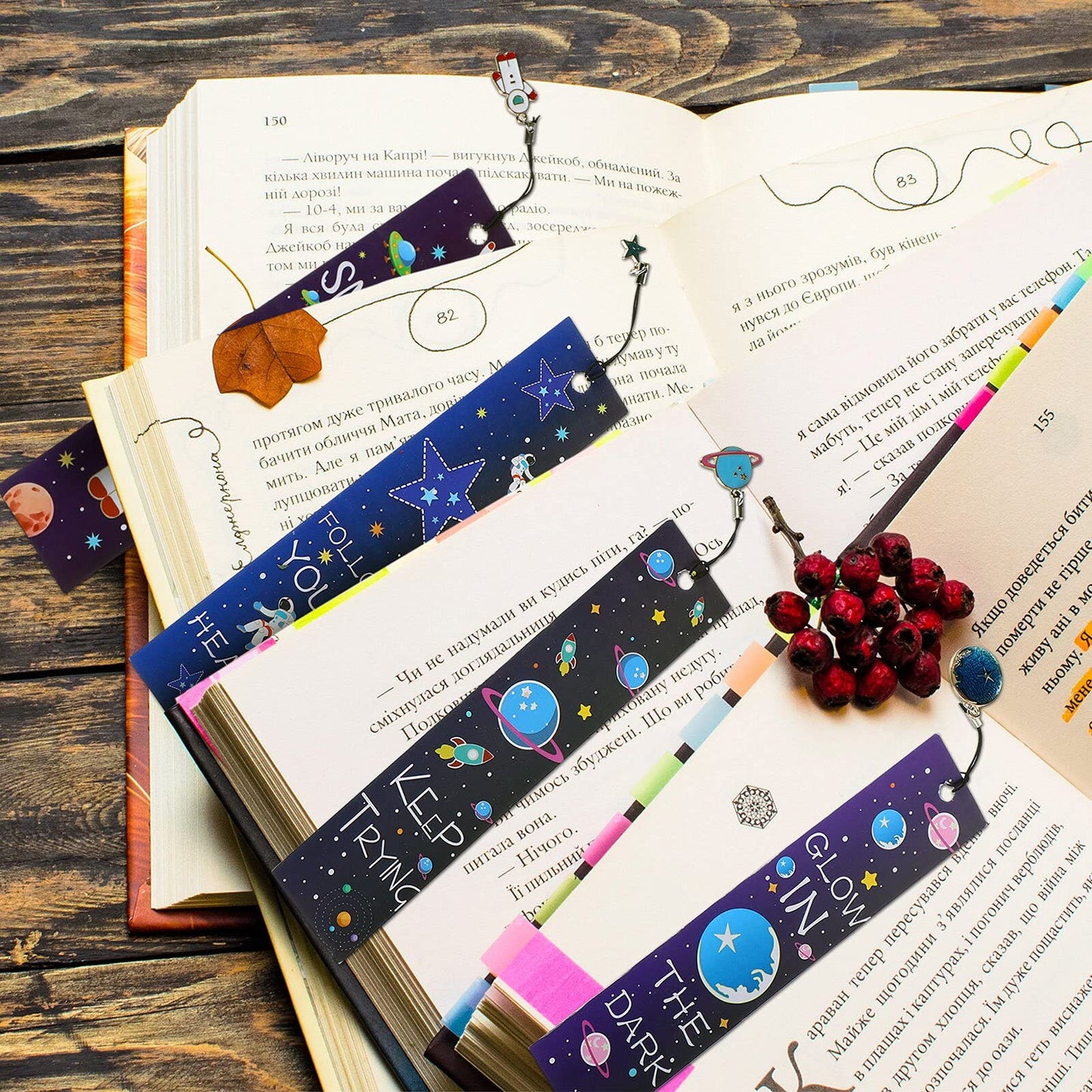 Zonon 40 Pcs Bulk Space Bookmarks for Kids Outer Space Party Favors Astronaut Planet Rocket Galaxy Theme Birthday Party Favors Inspirational Bookmarks with Charms for Boys Girls Student Reward Gift