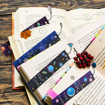 Zonon 40 Pcs Bulk Space Bookmarks for Kids Outer Space Party Favors Astronaut Planet Rocket Galaxy Theme Birthday Party Favors Inspirational Bookmarks with Charms for Boys Girls Student Reward Gift