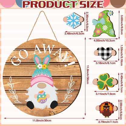 Seasonal Gnome Wall Decor Set, 11.8 inch Wooden Round Sign with Interchangeable Holiday Hats, Welcome Door Hanging (Delicate)