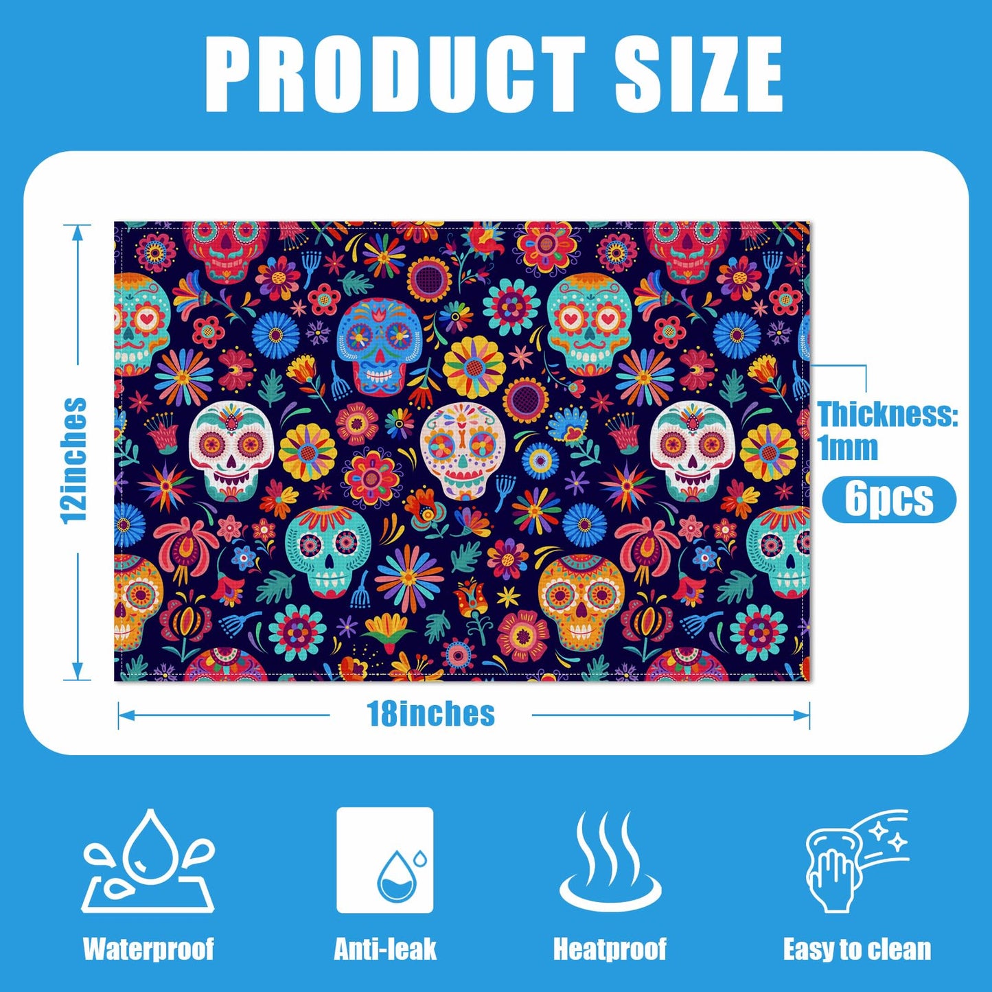 Sugar Skull Mexican Día de Los Muertos Placemats Set of 6, Halloween Washable Linen Place Mat Heat Resistant Non Slip Kitchen Dining Table Mats 12x18 Inch