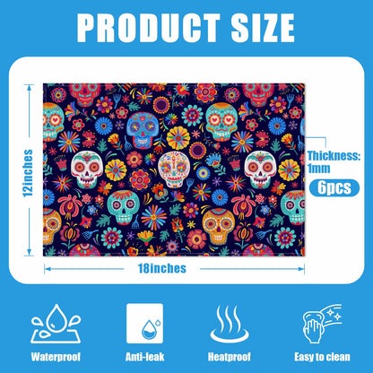 Sugar Skull Mexican Día de Los Muertos Placemats Set of 6, Halloween Washable Linen Place Mat Heat Resistant Non Slip Kitchen Dining Table Mats 12x18 Inch