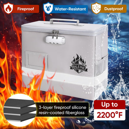 BALEINE Fireproof Document Box with Lock, Portable Fireproof Document Bag Waterproof Fire Proof File Boxes for Documents, File Organizer Box for Important Paperwork (Silver, 12.5''x10.5''x6'')