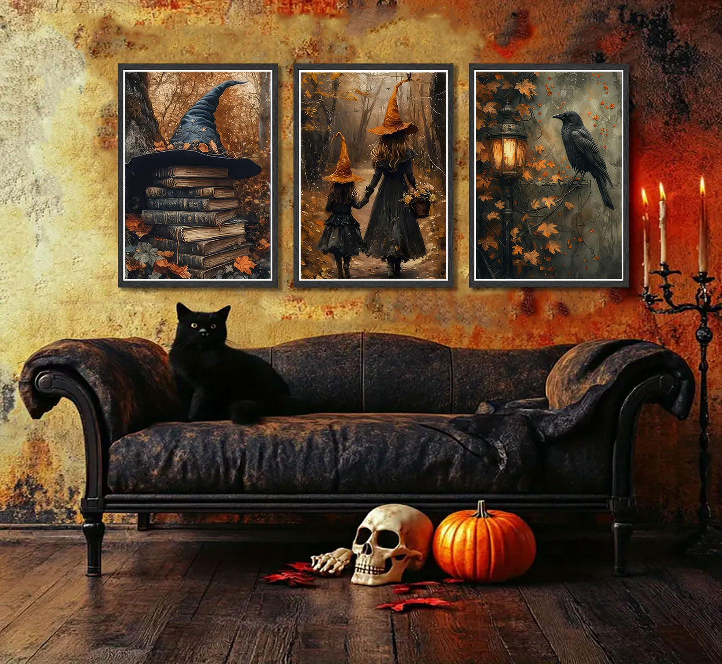 3pcs Halloween Canvas Wall Art Autumn Gothic Witch Books Crow Posters Prints Dark Academia Witch Wall Decor Pictures for Halloween Party House Decoration Unframed