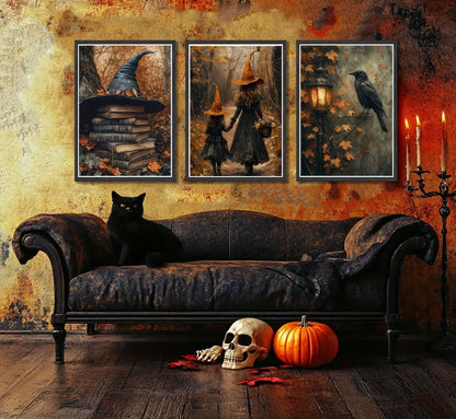 3pcs Halloween Canvas Wall Art Autumn Gothic Witch Books Crow Posters Prints Dark Academia Witch Wall Decor Pictures for Halloween Party House Decoration Unframed