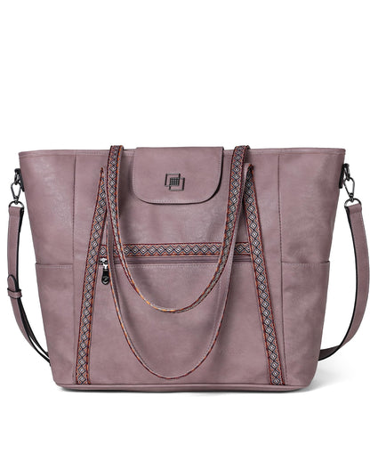 FADEON Large Laptop Tote Bag for Women Designer Leather Laptop Bag Fashion Travel Backpack Purse Shoulder Handbag Purple