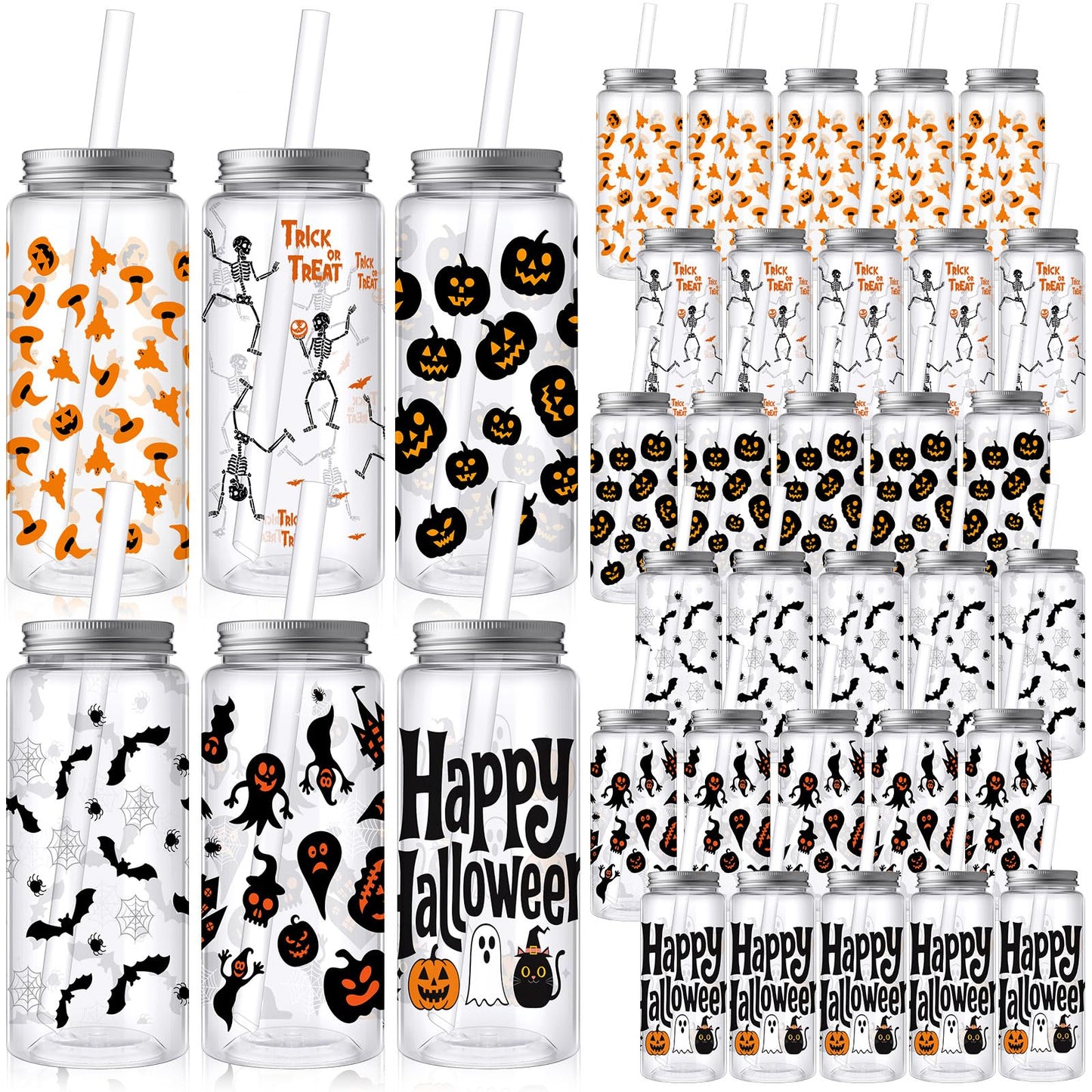 Skylety 30 Pcs Halloween Plastic Cups Tumbler with Lids and Straws 13.5 oz Pumpkin Ghost Bat Reusable Plastic Cups for Halloween Holiday Party Decor Supplies