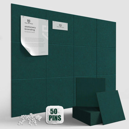 TSJOFFICE Large Cork Board for Wall - 48" x 36" Bulletin Board with 50 Pushpins for Office Decor, Pin Board 12 Pack Felt Wall Tiles with Safe Removable Adhesive Tabs, Corkboard for Home - Dark Green