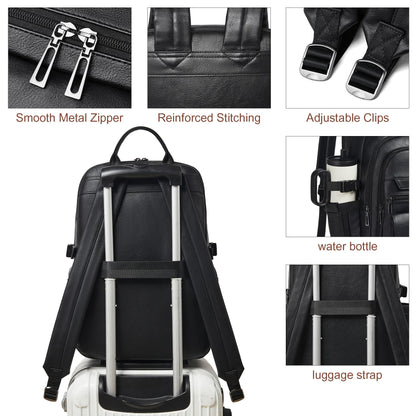 tiamyi Vegan Leather Backpack, TSA Travel Backpack for Men and Women, Fits 17.0 Inch Notebook with Luggage Strap and USB Port, Black