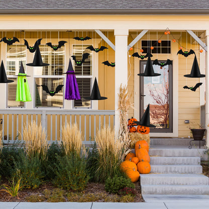 Fovths 12 Pieces Halloween Hanging Decoration With Glow Eyes - 6 Pack Black Witch Hat for Garden Yard Lawn Scary Decor Outside