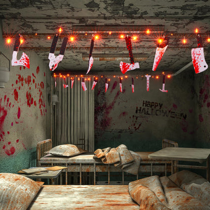 BlcTec Scary Halloween Decorations, 12 FT Halloween String Lights with 16 Fake Bloody Knives & 50 LED Orange Big Bulbs, 8 Modes Battery Operated Bloody Party Supplies for House Décor