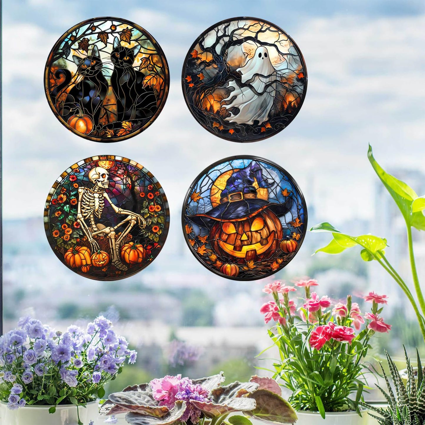 WBQMUNY 4 Styles Halloween Window Stickers,Black Cat Bat Pumpkin Witch Window Clings Decals for Halloween Party Decoration Glass Window Indoor and Outdoor Home Decor (SMJD058)