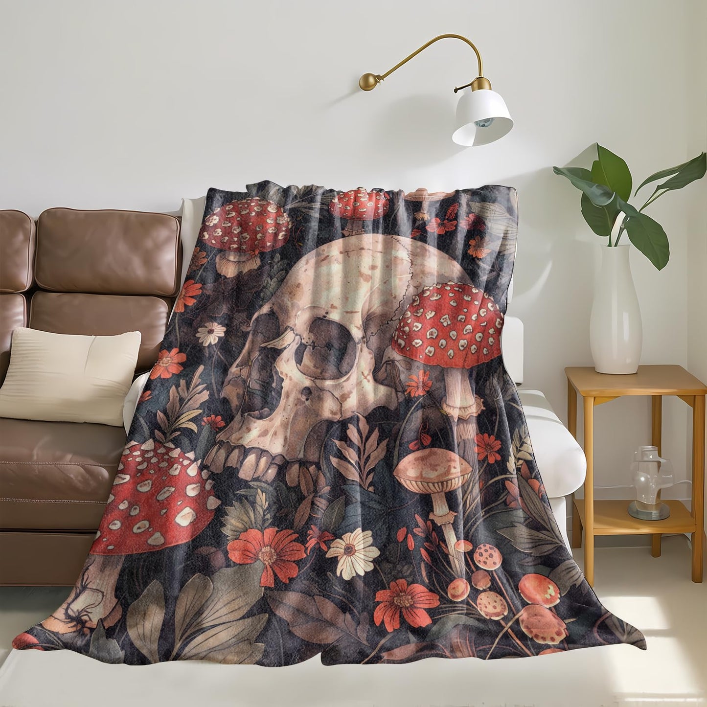 TZLXRVC Skull Mushroom Forest Throw Blanket, Warm Flannel Blankets Dark Botanical with Flower, Goth Halloween Decor and Gifts, Soft Cozy Throws, 50"X60" for Bedroom Couch Travel Office
